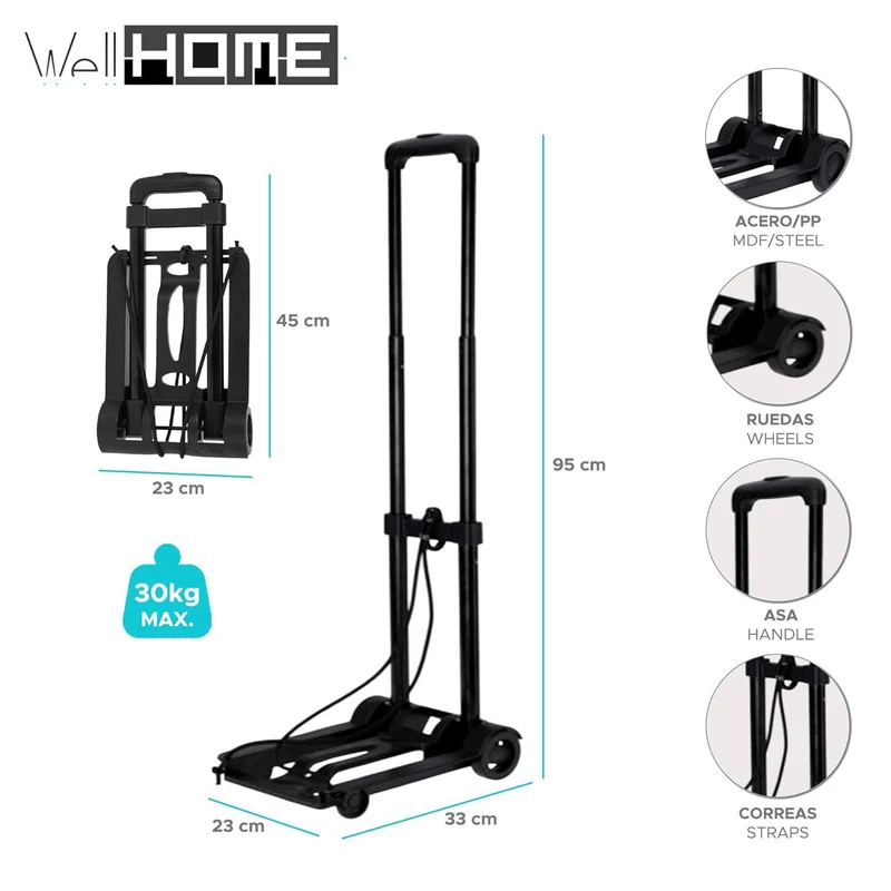 Well Home Support-Wagen aus Stahl und PP mit Riemen in schwarzer Farbe, 45 x 23 x 8 cm