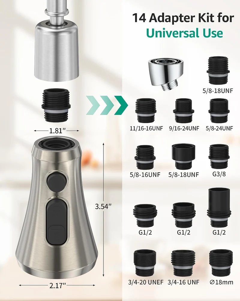 Mbillion ABS-Küchenarmaturkopf, Universal-Sprühdüse mit 3 Funktionen, mit 9 Adaptern, mattschwarz, a