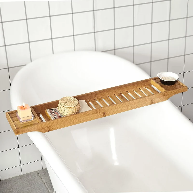 SoBuy Badewannenablage Bambus 80cm Badewannentablett Holz Wannenbrücke Extra Lang & Lackiert für Gro