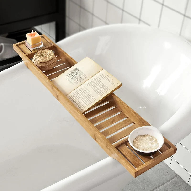 SoBuy Badewannenablage Bambus 80cm Badewannentablett Holz Wannenbrücke Extra Lang & Lackiert für Gro
