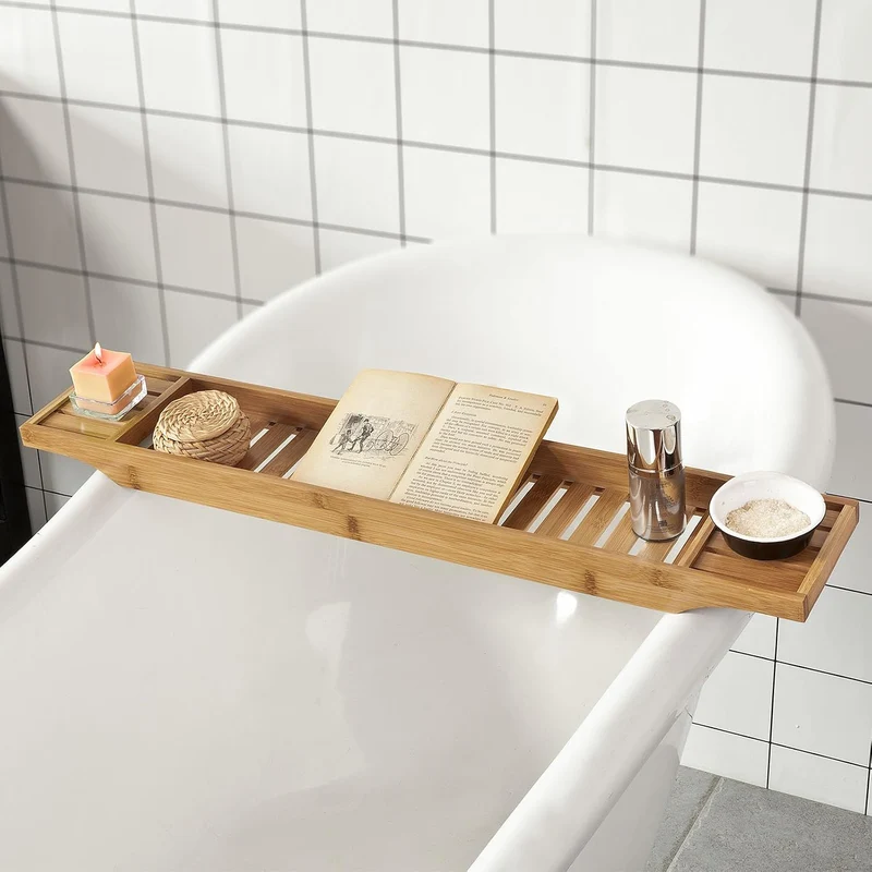 SoBuy Badewannenablage Bambus 80cm Badewannentablett Holz Wannenbrücke Extra Lang & Lackiert für Gro