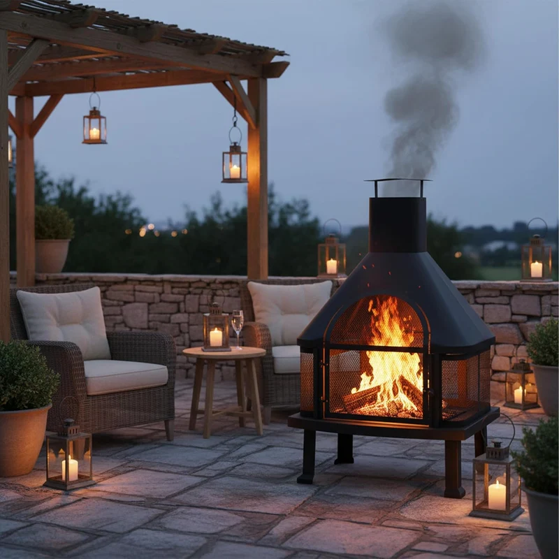 Relaxdays, schwarz Terrassenofen mit Grill, Feuerstelle mit Funkenschutz, Schürhaken, massiv, Stahl,