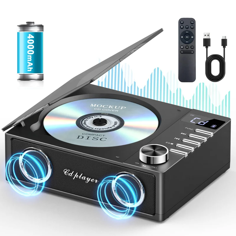 Greadio CD Player Tragbar mit Bluetooth 5.3, 4000mAh Wiederaufladbarer CD-Player mit Fernbedienung,