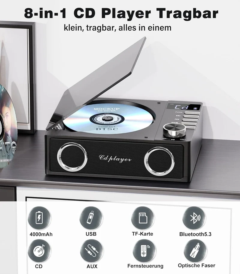 Greadio CD Player Tragbar mit Bluetooth 5.3, 4000mAh Wiederaufladbarer CD-Player mit Fernbedienung,