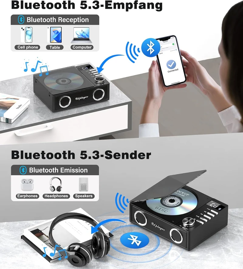 Greadio CD Player Tragbar mit Bluetooth 5.3, 4000mAh Wiederaufladbarer CD-Player mit Fernbedienung,