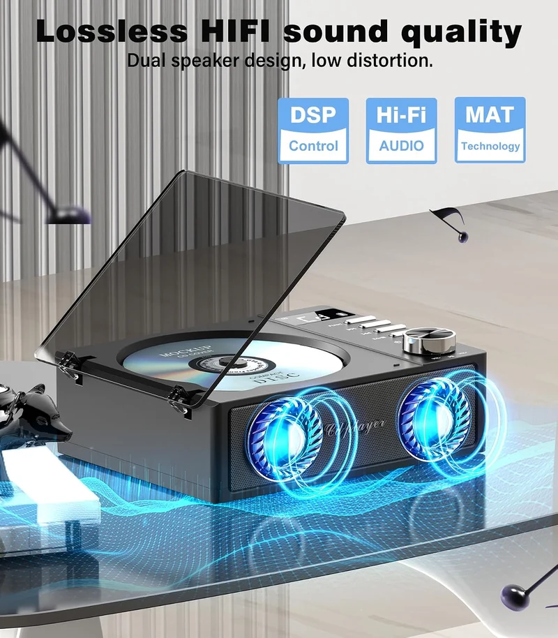 Greadio CD Player Tragbar mit Bluetooth 5.3, 4000mAh Wiederaufladbarer CD-Player mit Fernbedienung,
