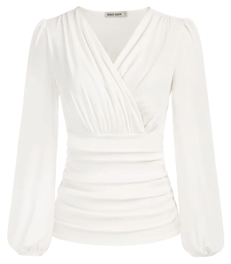 GRACE KARIN Damen V-Ausschnitt Bluse Elegant Wickelbluse Laterne Langarm Slim Fit Plissee-Top Tunika