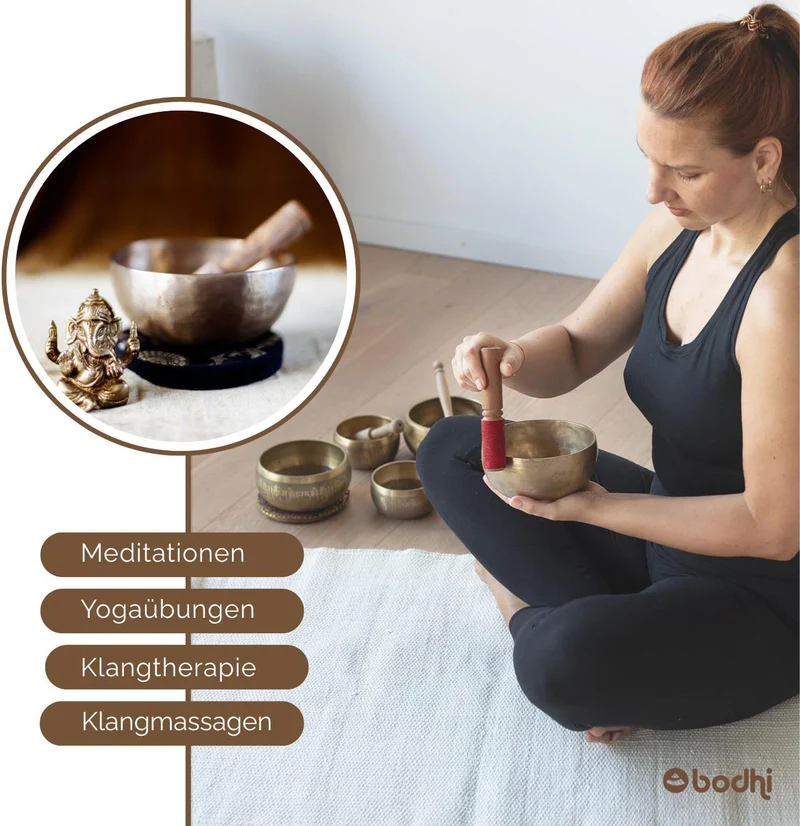 Bodhi Tibetische Klangschale Ø 13 cm | Handgefertigtes Klangschalen Set inkl. Kissen & Klöppel | Sin