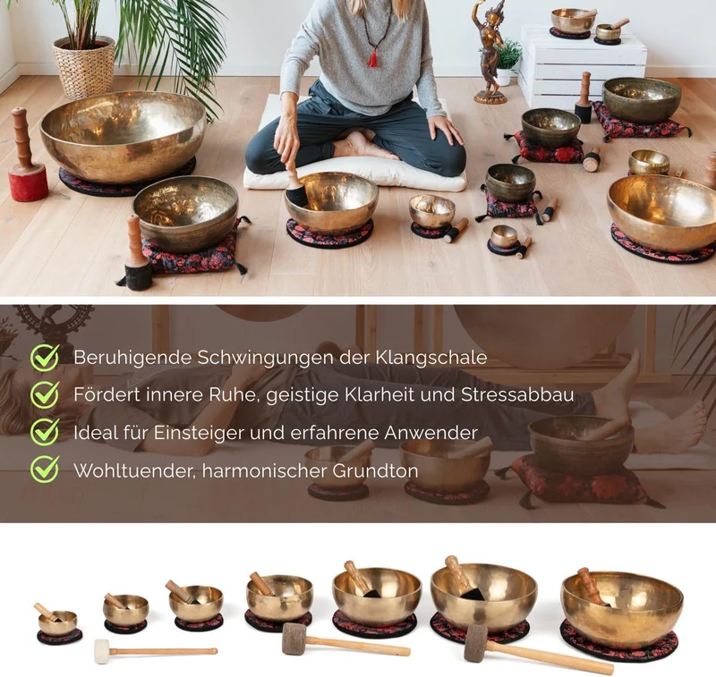 Bodhi Tibetische Klangschale Ø 13 cm | Handgefertigtes Klangschalen Set inkl. Kissen & Klöppel | Sin