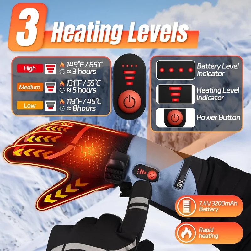 Beheizbare Handschuhe Damen Herren 7.4V 6400mAh Wiederaufladbar Beheizte Handschuhe 3 Heizstufen was