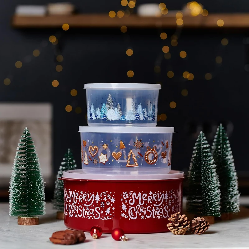 MiraHome Keksdosen 4er Set transparent mit Blue Christmas-Design 2,5L – Rechteckige Plätzchendosen –