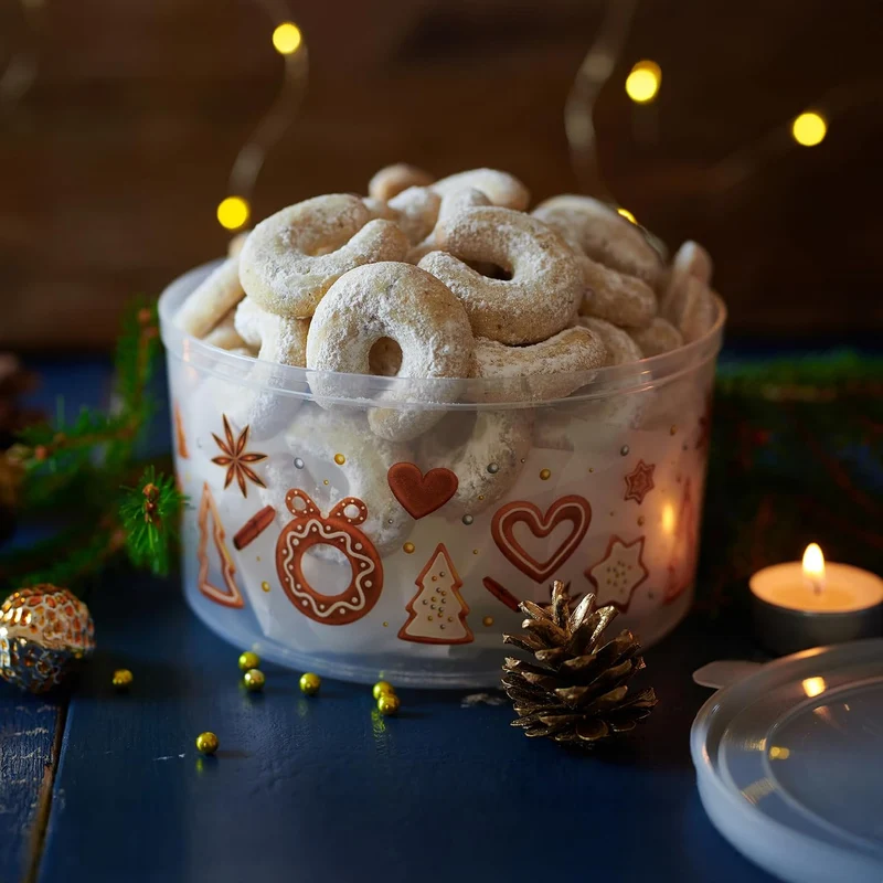 MiraHome Keksdosen 4er Set transparent mit Blue Christmas-Design 2,5L – Rechteckige Plätzchendosen –