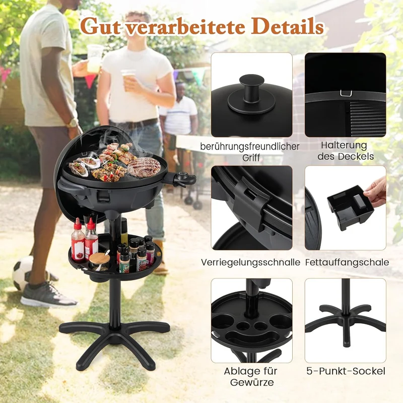 GOPLUS Elektrogrill für Balkon, Standgrill mit einstellbarer Temperatur, 2-Zonen Antihaftplatte, sta