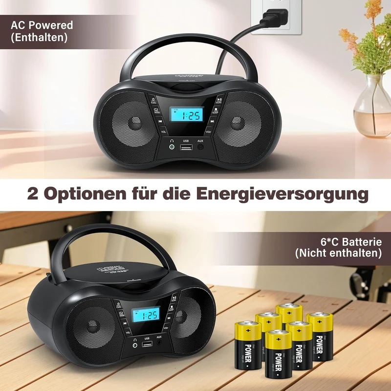 Greadio Tragbarer CD Player Bluetooth 5.1, Boombox Radio mit CD-Player, USB, AUX-In, Netz- und Batte