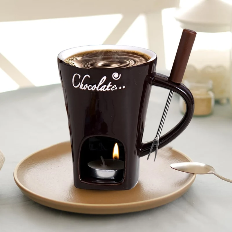 Schokoladen Fondue Becher Sets,Mit Gabel Kerze, Keramische Fondue Kaffee Wärmer Tasse Für Sauce Süss