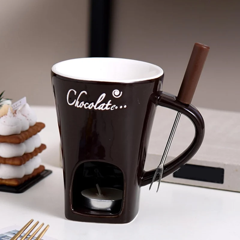 Schokoladen Fondue Becher Sets,Mit Gabel Kerze, Keramische Fondue Kaffee Wärmer Tasse Für Sauce Süss