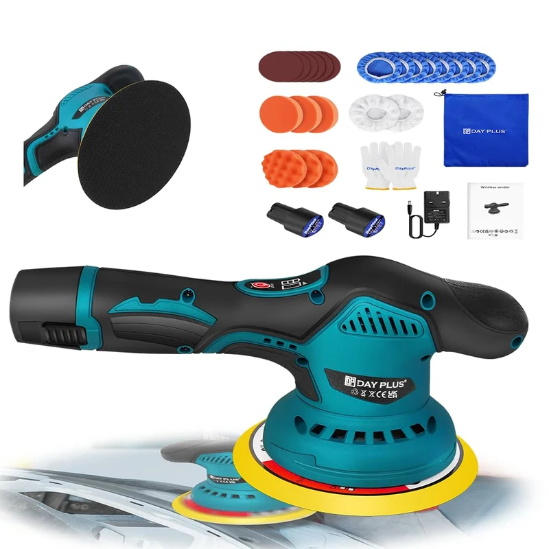 Auto Poliermaschine Set Exzenter Poliermaschine, Akku Poliermaschine mit 2 x 3000mah Akku und Ladege