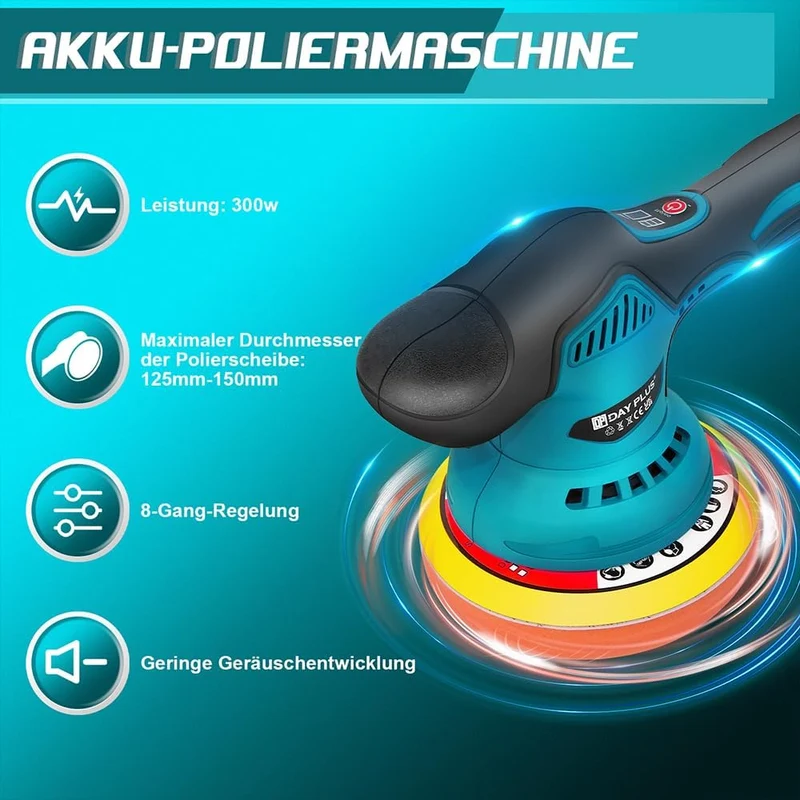 Auto Poliermaschine Set Exzenter Poliermaschine, Akku Poliermaschine mit 2 x 3000mah Akku und Ladege