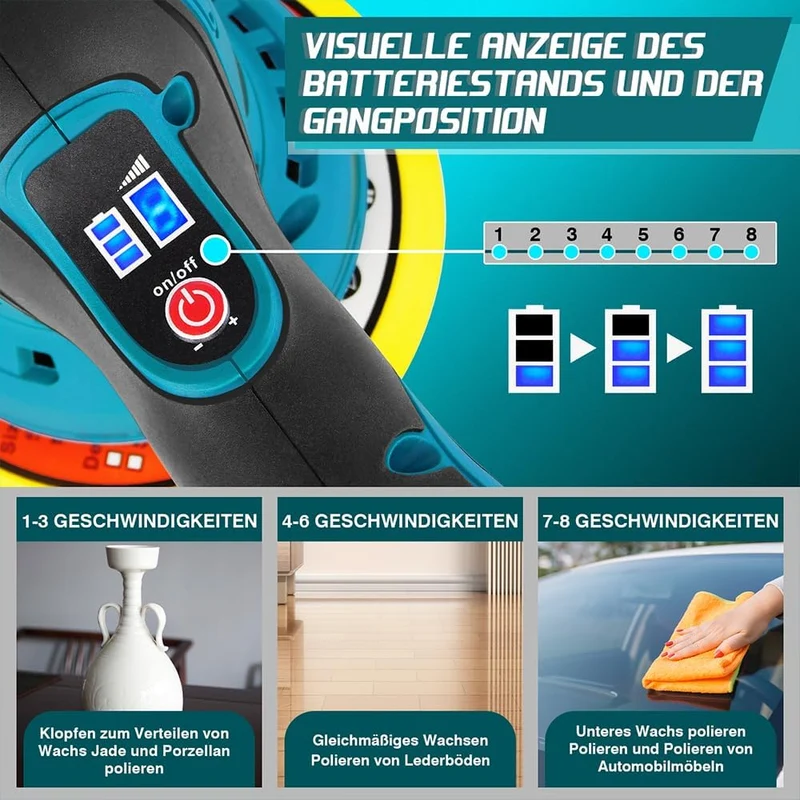 Auto Poliermaschine Set Exzenter Poliermaschine, Akku Poliermaschine mit 2 x 3000mah Akku und Ladege