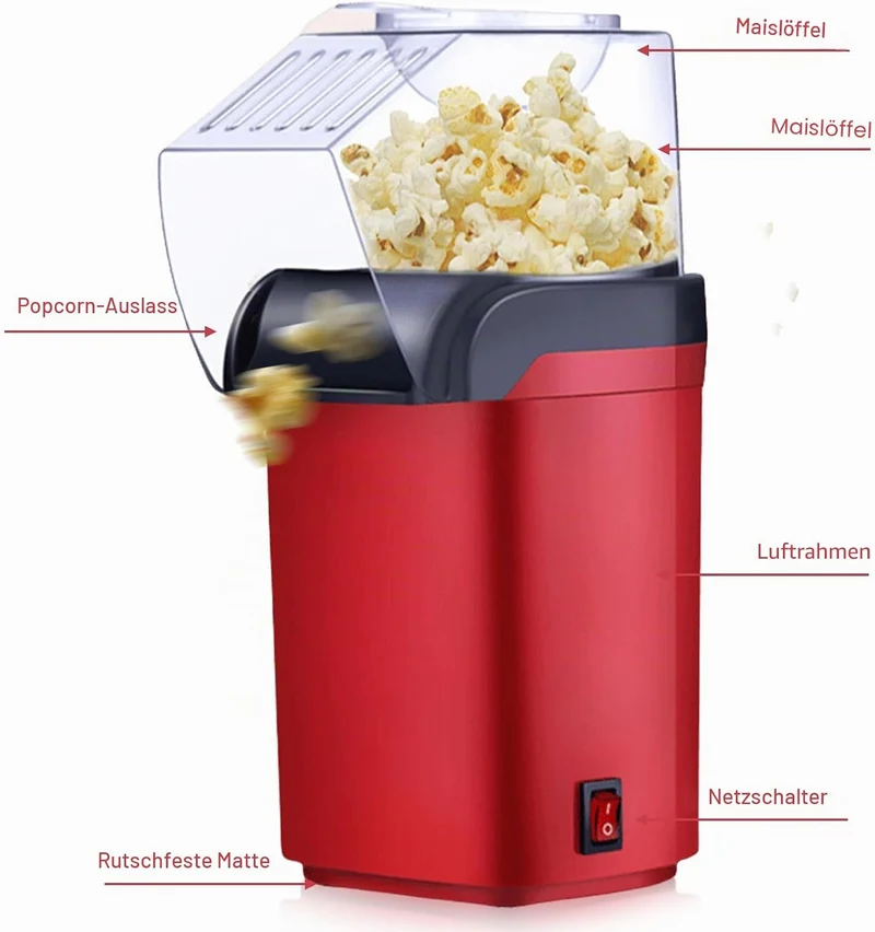 Heissluft Popcornmaschine 1200W, Popcorn Maker ohne Öl Fettfrei BPA frei Schnell in 3 Minuten One To