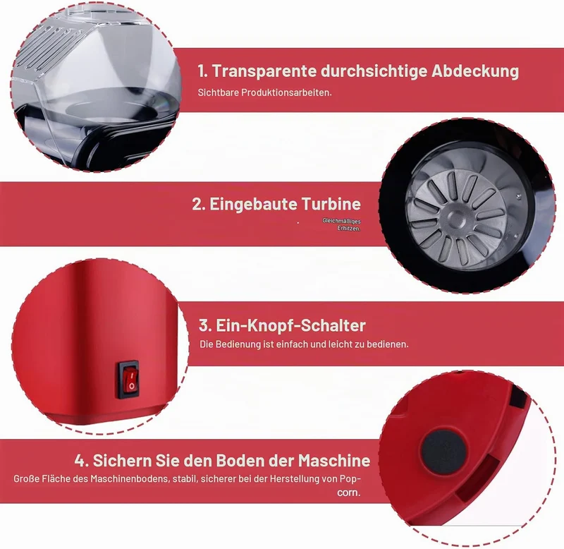 Heissluft Popcornmaschine 1200W, Popcorn Maker ohne Öl Fettfrei BPA frei Schnell in 3 Minuten One To